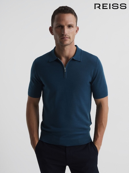 Reiss Bright Airforce Maxwell Merino Zip Neck Polo T-Shirt (T92404) | 647 QAR