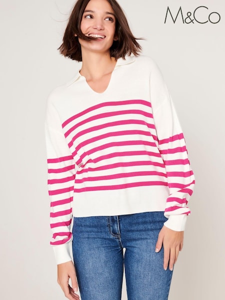 M&Co Cream Knitted Stripe Rugby Collar Jumper (T93584) | €11