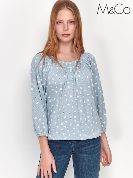 M&Co Blue Floral Gypsy Sleeve Top (T93596) | €7