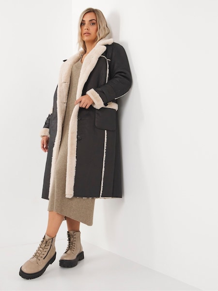 Simply Be Black Longline Shearling Aviator Style Coat (T94838) | €56