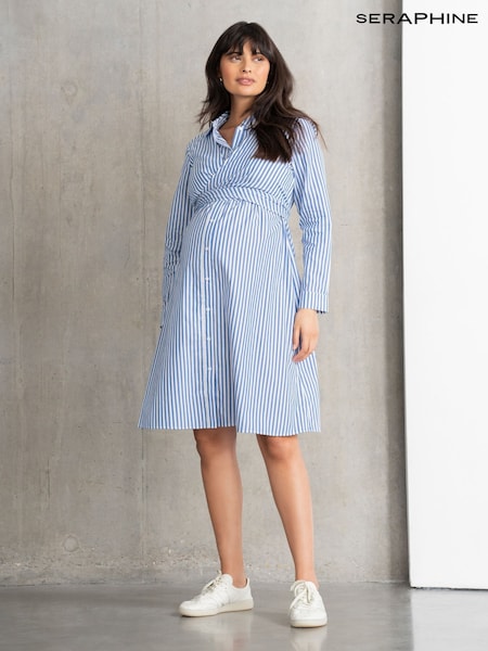 Seraphine Blue Stripe Cotton And Lyocell Maternity And Nursing Shirt Dress (T95240) | €99
