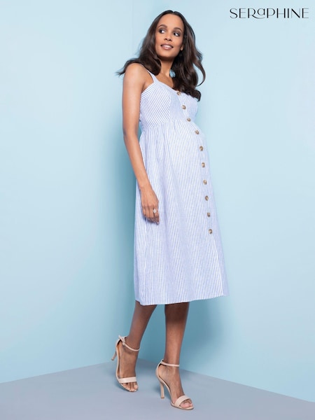 Seraphine Blue Pinstripe Linen And Cotton Midi Maternity And Nursing Dress (T95241) | €40