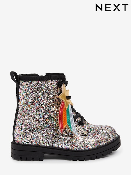 Silver Rainbow Glitter Wide Fit (G) Lace-Up Boots (T95574) | €21 - €24