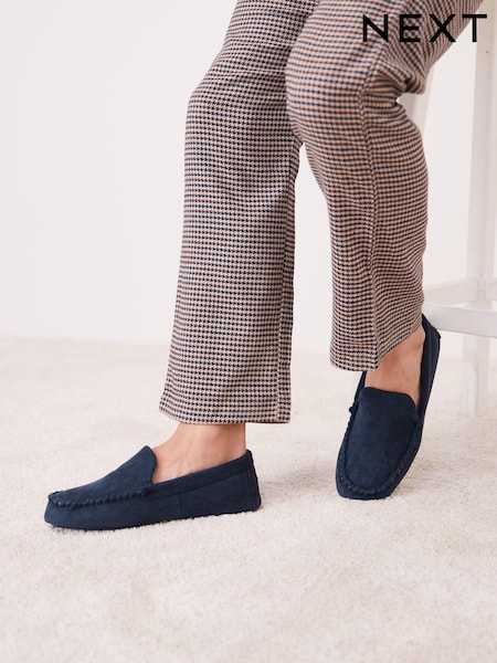 Navy Blue Check Lined Moccasin Slippers (T96444) | €8
