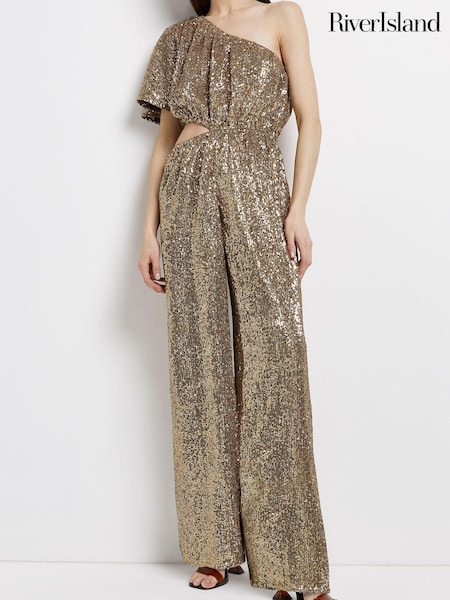 River Island Gold One Shoulder Sequin Jumpsuit (T96906) | €31