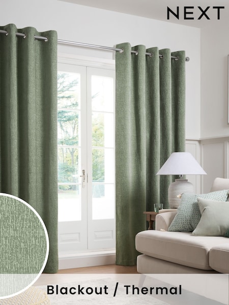 Green Sage Heavyweight Chenille Eyelet Blackout/Thermal Curtains (T97965) | $101 - $238