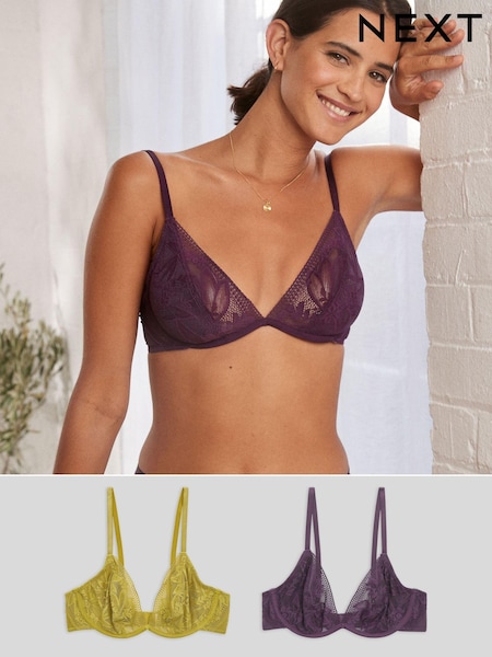Green/Plum Purple Non Pad Plunge Lace Detail Bras 2 Pack (T98993) | €14