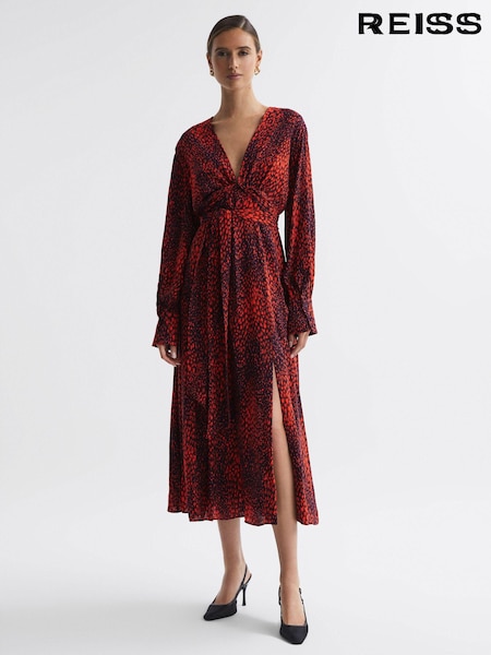 Reiss Red Maya Animal Print Blouson Sleeve Midi Dress (T99373) | €301
