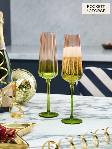 Rockett St George Green/Blush Pink Deco Flower Glass Set of 2 Champagne Flute Glasses (T99472) | €29