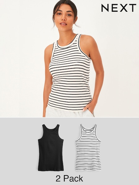 Black/White Stripe High Neck Ribbed Racer Vest Tops 2 Pack (U00440) | €31.50