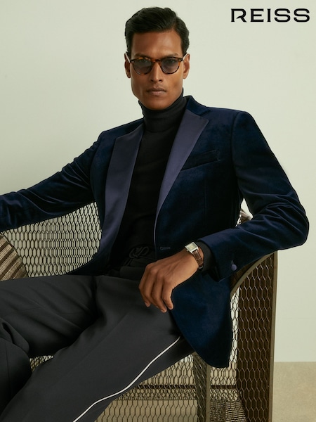 Reiss Navy Ace Velvet Single Breasted Slim Fit Jacket (U00902) | AED2,146
