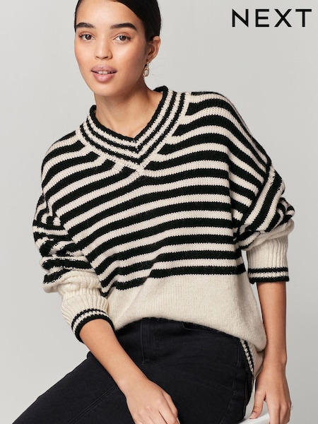 Ecru Cream and Black Stripe High V-Neck Jumper (U01038) | €13