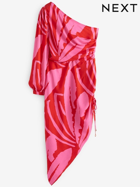 Pink/Red Print One Shoulder Ruched Detail Midi Dress (U01100) | € 25
