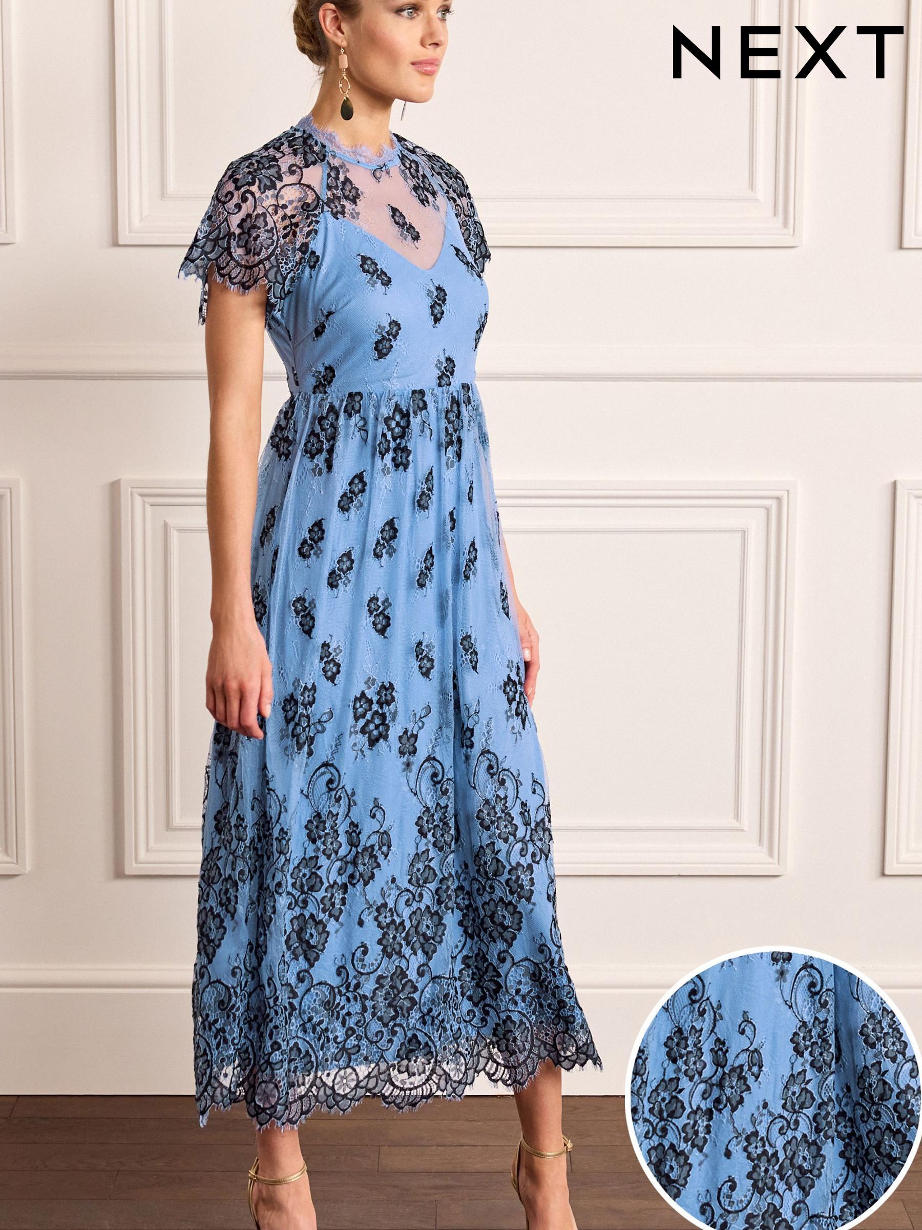 Blue/Black Floral Lace High Neck Short Sleeve Midi Dress (U01858) | €61