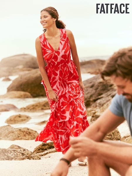 FatFace Red Avery Ikat Leaves Midi Dress (U04574) | €41.50