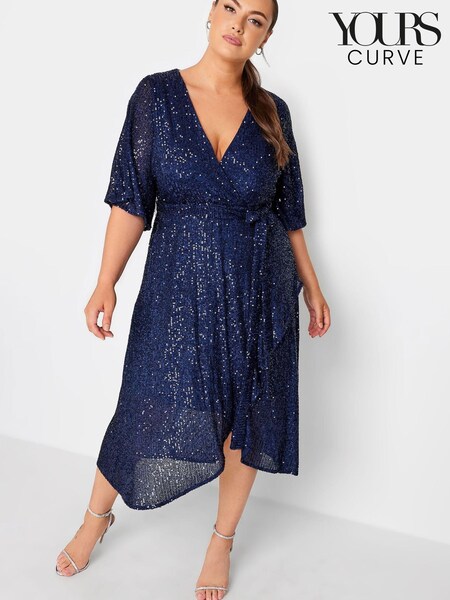 Yours Curve Blue London Sequin Tulip Hem Wrap Dress (U04832) | €38