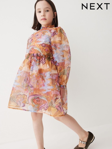Amber Orange Long Sleeve Organza Mesh Dress (3-16yrs) (U06278) | € 14 - € 18