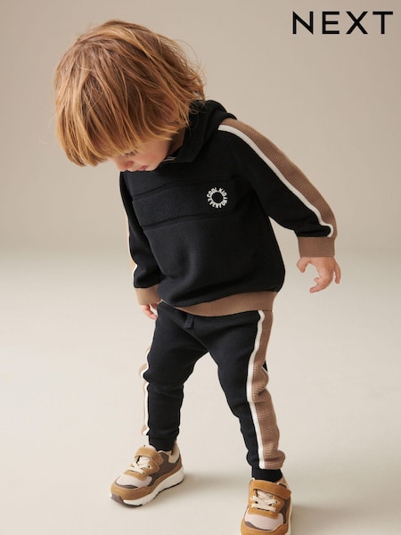 Črna/rjava - 100% Cotton Knitted Textured Hoodie and Joggers Set (3mths-7yrs) (U06396) | € 18 - € 21