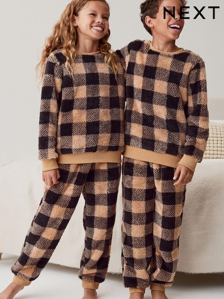 Neutral Check Matching Family Kids Cosy Fleece Pyjamas (3-16yrs) (U06876) | €12.50 - €15.50