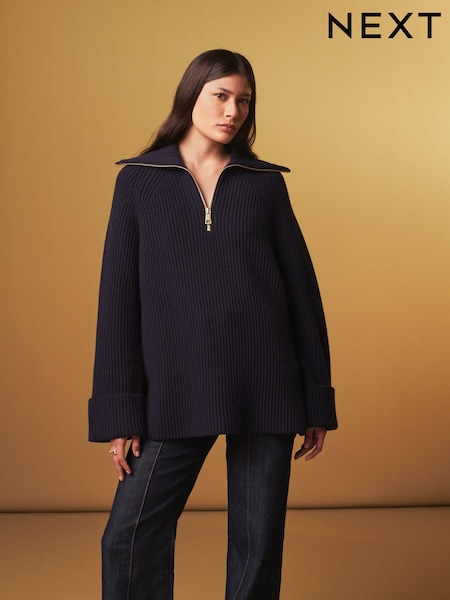 Темно-синий - Premium 100% Wool Longline Zip Jumper (U06944) | €28