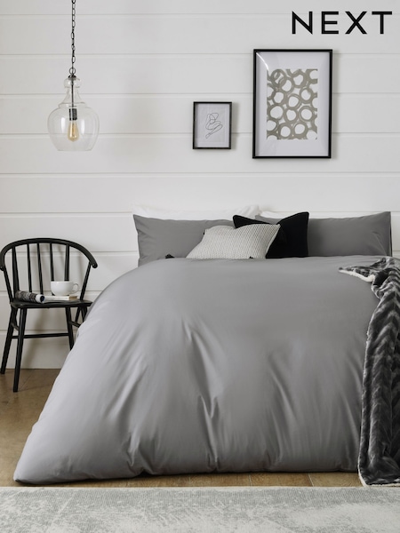 Grey Mid Cotton Rich Plain Duvet Cover and Pillowcase Set (U09543) | €20 - €50