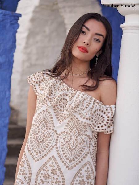 Another Sunday Green One Shoulder Ruffle 100% Cotton Blouse With Broderie (U09572) | € 28