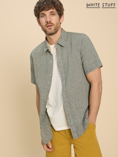 White Stuff Green Pembroke Short Sleeve 100% Linen Shirt (U09707) | €31