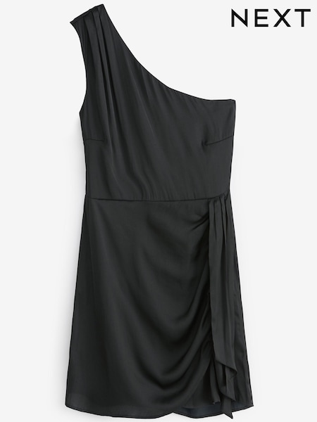 Черный - Satin One Shoulder Mini Dress (U10038) | €16