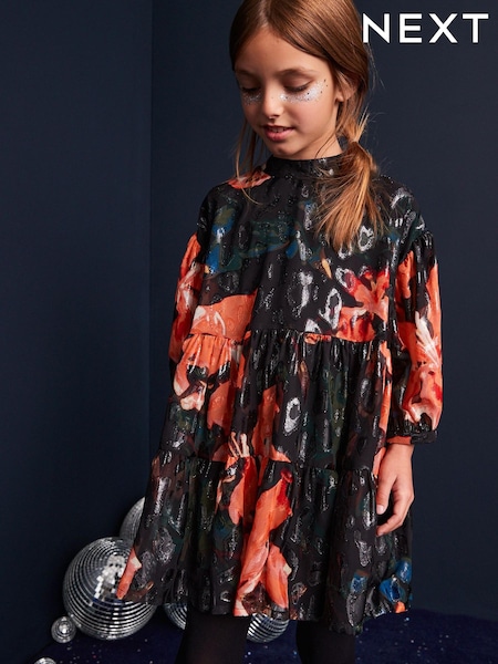 Black/Red Floral Metallic Jacquard Dress (3-16yrs) (U10083) | €21 - €24