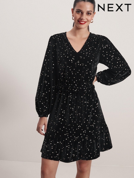 Черный - Long Sleeve Mini V-Neck Dress (U10446) | €10