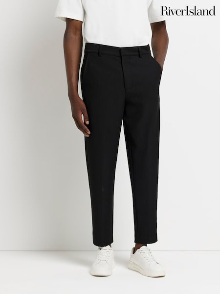 River Island Black Double Pleat Plissé 100% Cotton Trousers (U10694) | €31