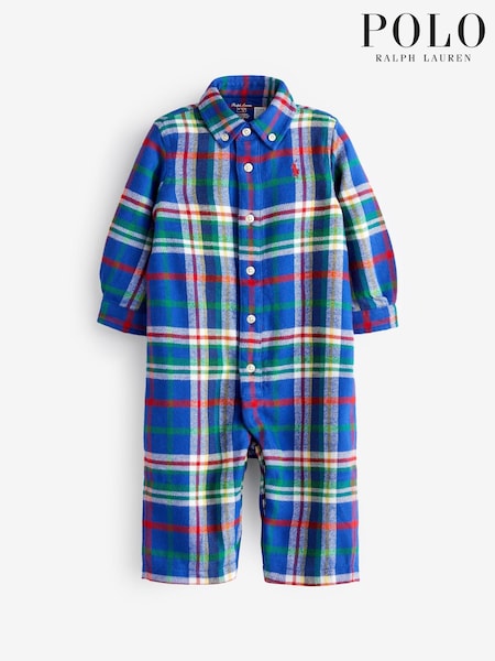 Polo Ralph Lauren Baby Blue Checked Coverall Romper (U10860) | €32