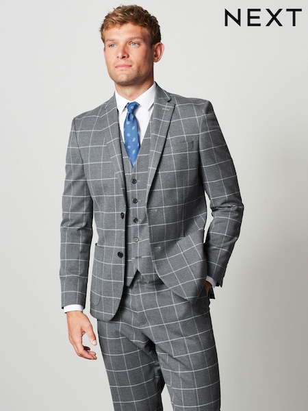 Grey Regular Fit Windowpane Check Suit: Jacket (U11144) | €49