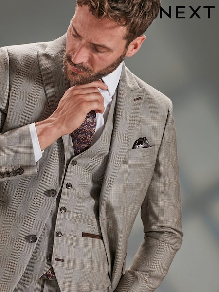 Taupe Slim Fit Signature Empire Mills 100% Wool Check Suit Jacket (U11165) | €30