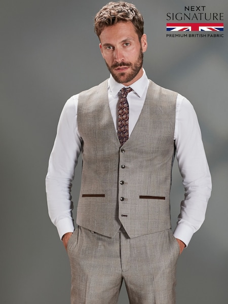 Taupe Signature Empire Mills 100% Wool Check Suit Waistcoat (U11167) | €18