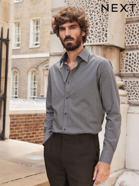 Black Geometric Link Slim Fit Printed Trimmed Shirt (U11509) | €3