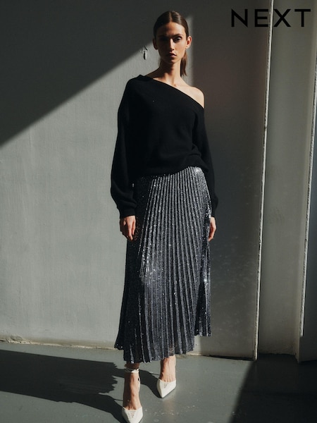 Silver Premium Sequin Pleated Skirt (U11968) | €47