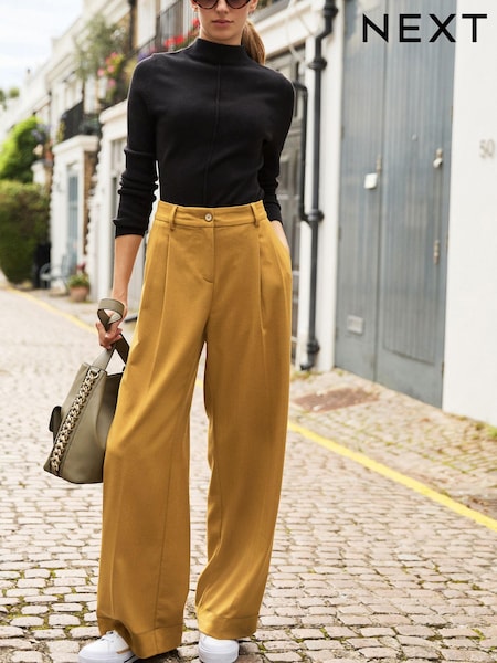 Ochre Yellow Warm Handle Textured Wide Leg Trousers (U11977) | €15