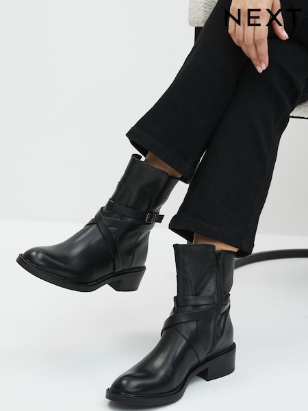 Black Signature Leather Strap Detail Ankle Boots (U12007) | €24