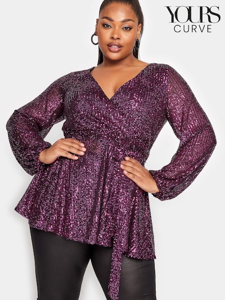 Yours Curve Pink London Sequin Long Sleeve Wrap Top (U12352) | €18.50