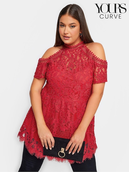 Yours Curve Red London Lace Cold Shoulder Top (U12353) | €26