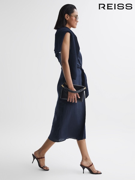 Reiss Navy Esme Linen Side Tie Midi Dress (U12399) | €66