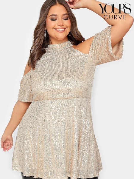 Yours Curve Gold London Sequin Choker Cold Shoulder Top (U12456) | €13.50