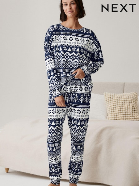Navy Blue Fairisle Pattern Matching Family Womens Christmas Cotton Pyjamas (U13787) | €4