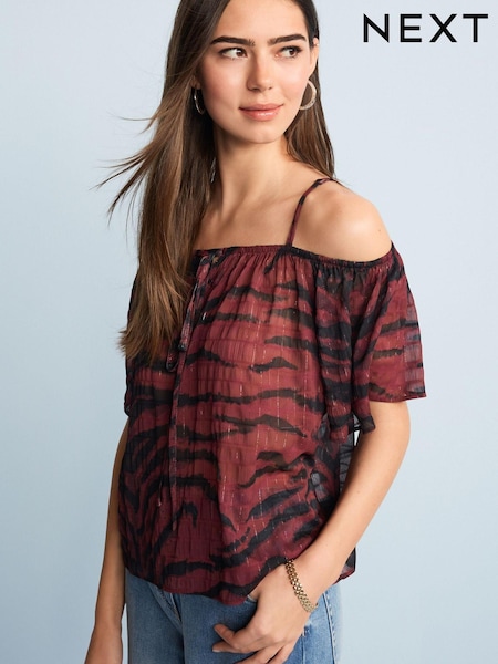 Braun mit Blumenmuster - Sparkle Strappy Bardot Top (U14006) | 13 €