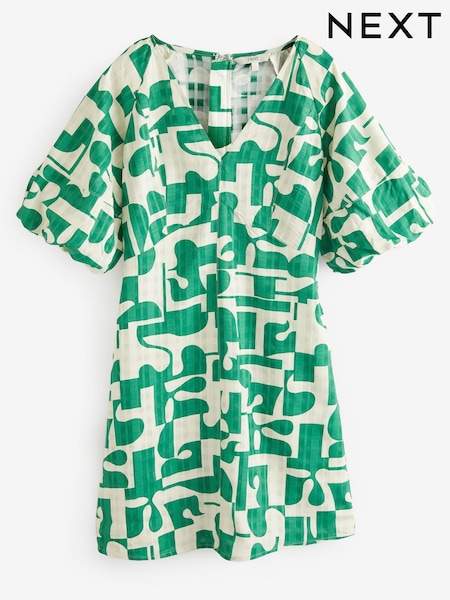 Green Geo Print Volume Sleeve V-Neck Mini Dress (U14012) | €18