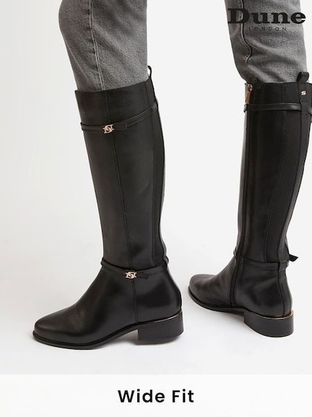 Dune London Black Wide Fit Tap Buckle Trim High Boots (U14802) | €79