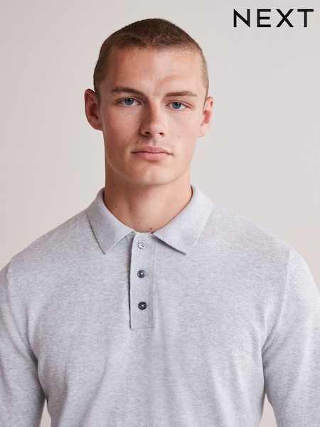 Light Grey Regular Knitted Long Sleeve Polo Shirt (U15018) | €10.50