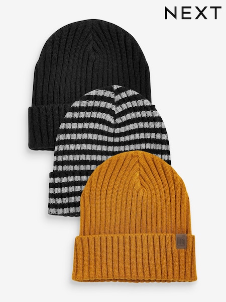 Schwarz/Grau/Ockergelb - 3 Pack Knitted Ribbed Beanie Hats (1-16yrs) (U15840) | 7 € - 14 €