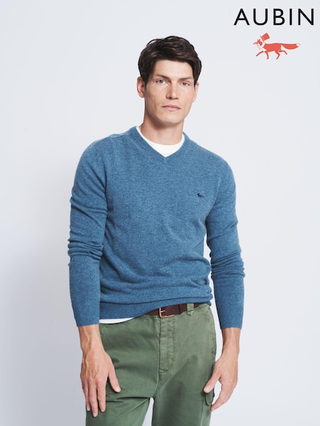Aubin Blue Merino Cashmere Blend Sunningdale V-Neck Jumper (U16131) | €83